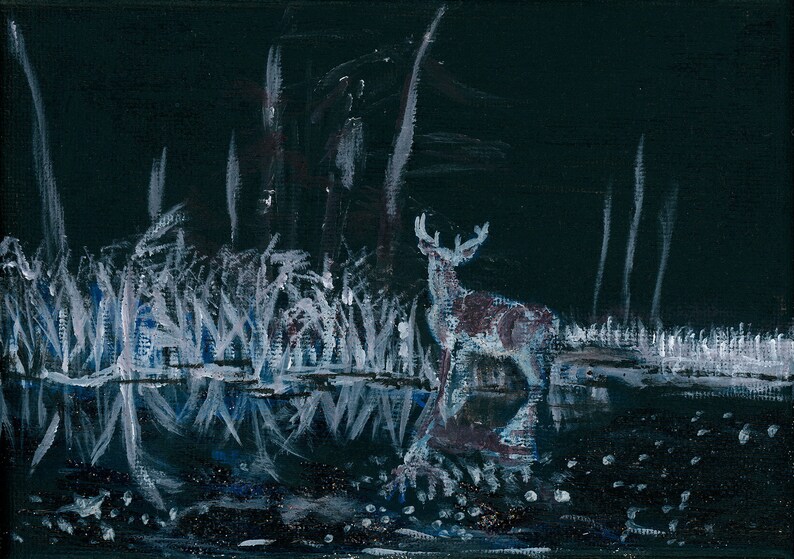 May include: An acrylic painting depicts a deer standing in water at night. The deer is white and brown, with antlers. The water reflects the deer and the surrounding white and gray foliage against a dark background.