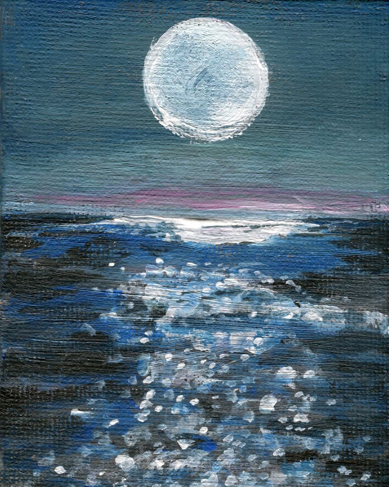 May include: An acrylic painting depicts a nighttime seascape. A large, textured, white moon dominates the upper portion against a dark blue sky. The ocean below is rendered in shades of blue and black, with white highlights suggesting moonlight on the water.