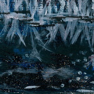 May include: Abstract painting with a dark blue and black background. White brushstrokes create a textured effect, with hints of glitter scattered throughout. The artwork evokes a sense of depth and movement, with a focus on contrasting colors and textures.