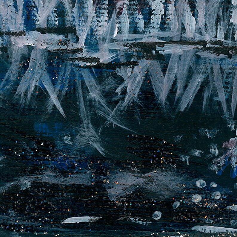 May include: Abstract painting with a dark blue and black background. White brushstrokes create a textured effect, with hints of glitter scattered throughout. The artwork evokes a sense of depth and movement, with a focus on contrasting colors and textures.