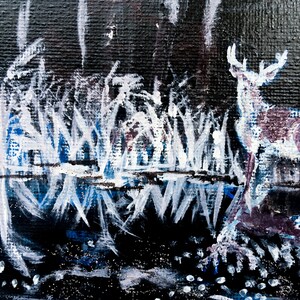 May include: An abstract painting of a deer in a winter landscape. The artwork features a deer with white antlers and a dark purple body, standing near a body of water. The background includes white trees and a dark, starry sky.