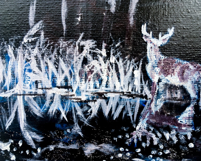 May include: An abstract painting of a deer in a winter landscape. The artwork features a deer with white antlers and a dark purple body, standing near a body of water. The background includes white trees and a dark, starry sky.