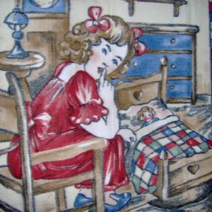 May include: A girl in a red dress sits in a rocking chair, holding a doll in a crib. The crib has a checkered blanket and a heart-shaped cutout. The text on the wall reads "Hush little baby don't say a word".