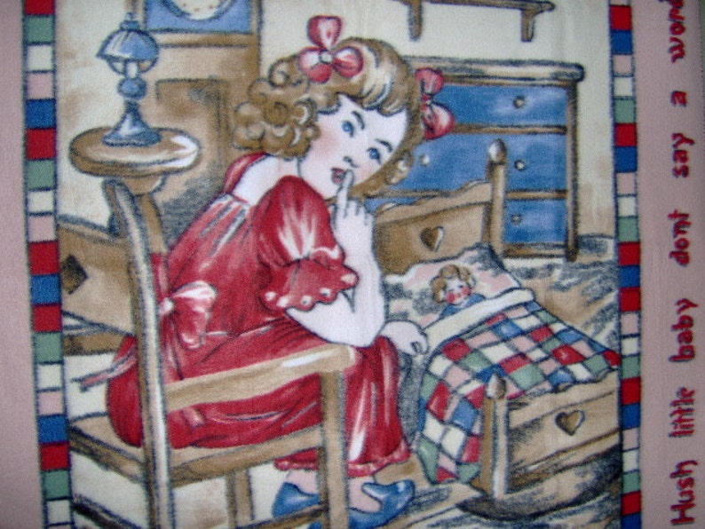 May include: A girl in a red dress sits in a rocking chair, holding a doll in a crib. The crib has a checkered blanket and a heart-shaped cutout. The text on the wall reads "Hush little baby don't say a word".