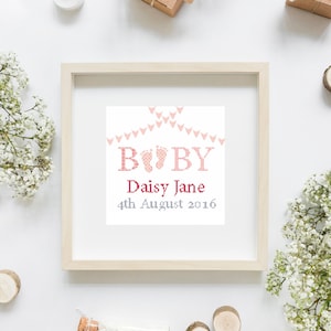 Cross stitch baby birth sampler, birth announcement, bunting, baby girl, cross stitch pattern PDF ** Instant Download **