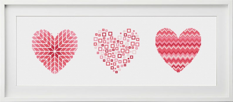 pink 3 geometric cross stitch heart patterns ** instant download** cross stitch PDF pattern hearts set of 3