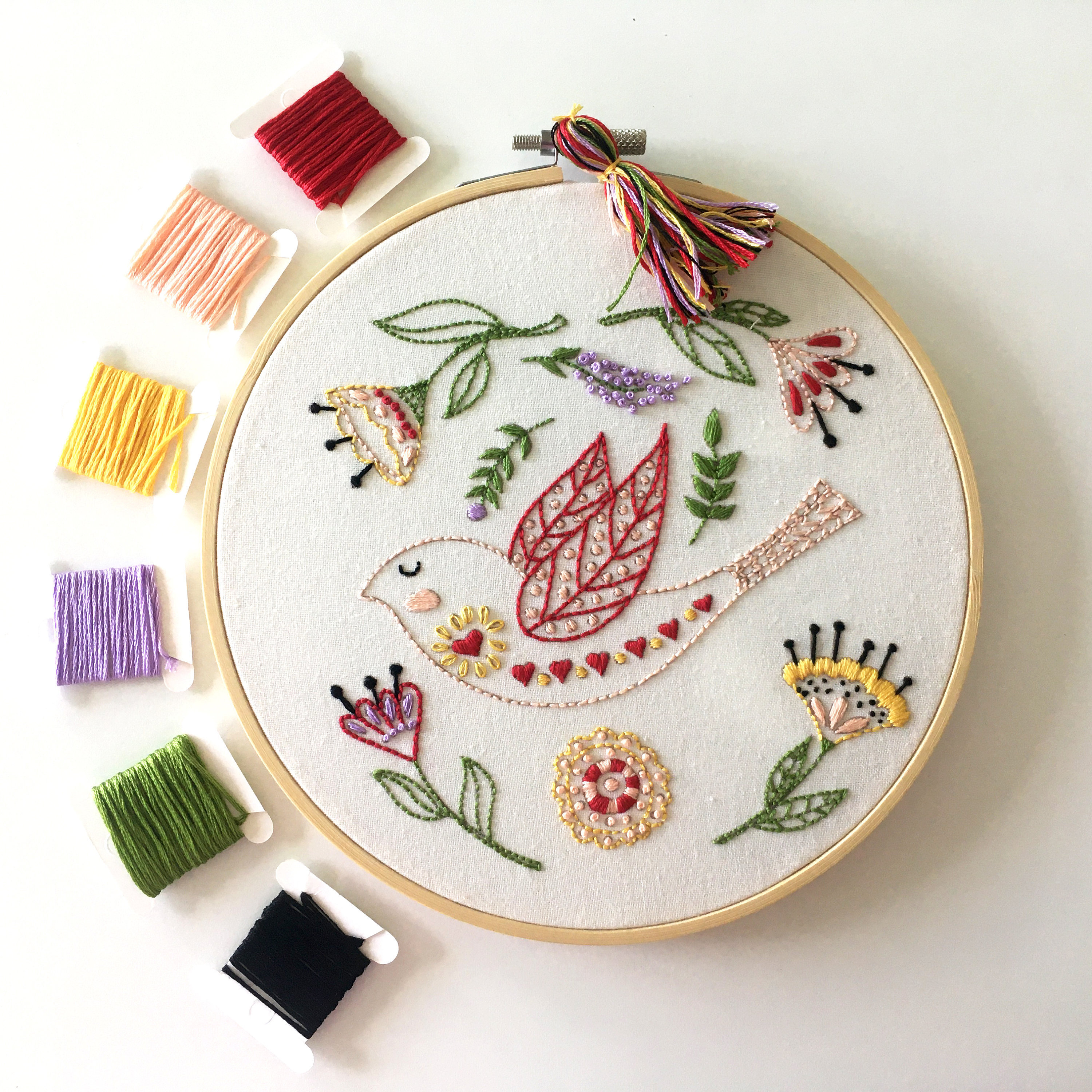 Embroidery Kit Folk Art Bird and Flowers Embroidery Kit 