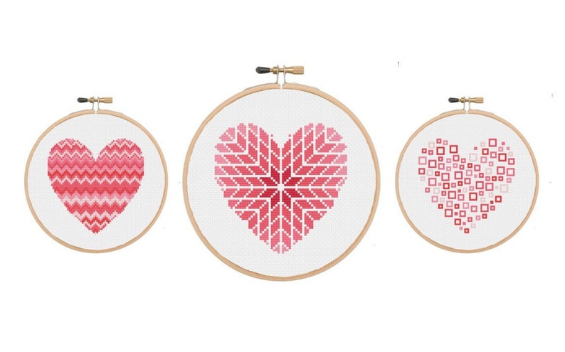 pink 3 geometric cross stitch heart patterns ** instant download** cross stitch PDF pattern hearts set of 3