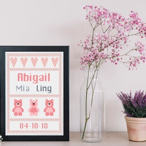 Cross stitch baby birth sampler, birth announcement, teddy bear, baby girl, cross stitch pattern PDF ** Instant Download **