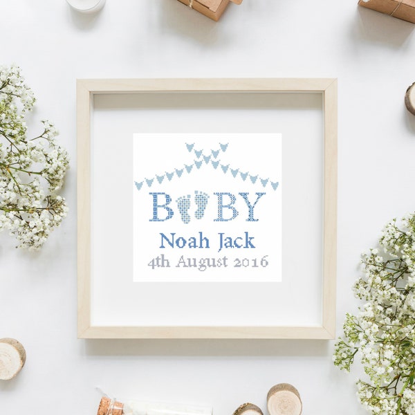 Cross stitch baby birth sampler, birth announcement, bunting, baby boy, cross stitch pattern PDF ** Instant Download **