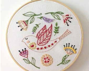 Folk Art Bird And Flowers Embroidery Pattern - Pre-Printed Fabric for embroidery