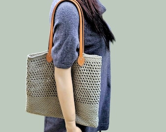 Sac à bandoulière, coton, olive clair, anses de sac végétaliennes, shopper, sac à bandoulière, sac, crocheté