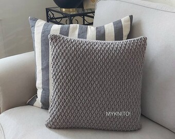 Knitted cushion, cotton, grey, decorative cushion, pillow, knitted, cushion cover, boho style