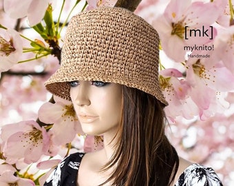 Raffia, Bucket Hat, natur, Boho, Hut, Sonnenhut, gehäkelt, Fischerhut, Eimerhut