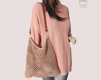 Mesh bag cotton tan shopper shoulder bag crossbody tote bag crocheted tote bag