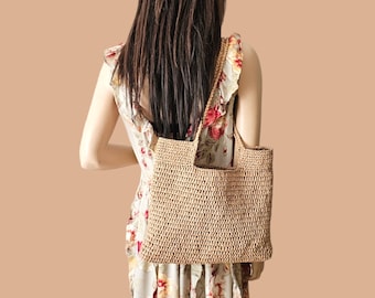 Sac en raphia, sac bohème, beige, sac à bandoulière, naturel, sac en raphia, crocheté, raphia