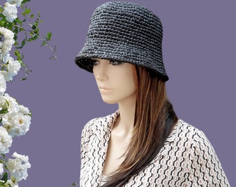 Raphia, chapeau de seau, noir, crochet, chapeau de soleil, chapeau de pêcheur, bohème, chapeau de seau