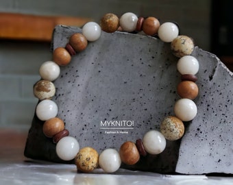 Beaded bracelet, jasper + sandalwood, natural stone, unisex, elastic, women's, men's, bracelet