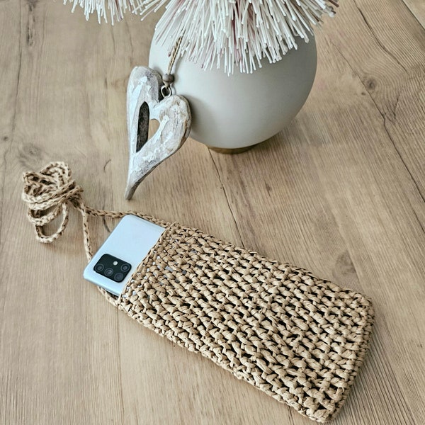 Smartphone Tasche, Raffia, beige, Crossbody, Handytasche, natur, Umhängetasche, gehäkelt, Handyhülle