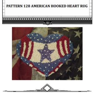 May include: A red, white, and blue heart-shaped hooked rug with a star in the center. The rug is on top of an American flag.