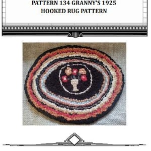 May include: A round hooked rug pattern with a black background and concentric circles of red, orange, white, and gray. The center of the rug features a stylized floral design with red and white flowers.