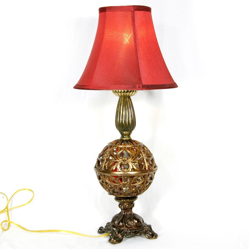 Antique Bronze Ball Red Glass Sculpture Table Lamp Image 0