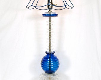 Handmade Recycled "Tower Sculpture" Table Lamp - Dark Blue w/ Mosaic Base