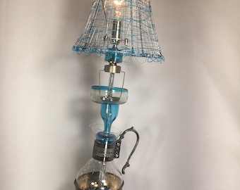 Handmade Recycled Tilted Coffee Pot Teal Lamp (The Broken Series)