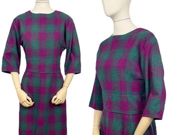 Original 1950’s Plaid Wool Wiggle Dress in Purple, Magenta and Green - Bust 38 40