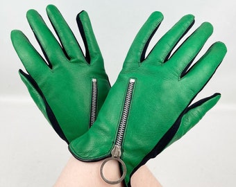 Original 1960's Bright Green and Black Leather and Fabric Gloves with Zip Closure