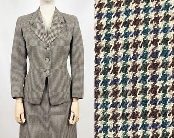 Original 1940s Houndstooth Check Suit in Green, Blue and Brown - Bust 35 36 - Petite