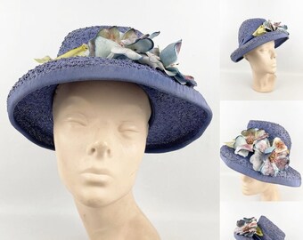 Original 1940’s Lavender Straw Bonnet Hat with Pretty Floral Trim - Vintage Summer Straw Hat