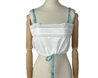 Antique Edwardian White Cotton Camisole with Sea Foam Green Silk Detailing and Lace Trim - Bust 34 36 *