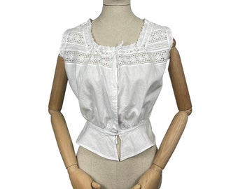 Antique Irish Made White Cotton Chemise with Broderie Anglaise Trim - Bust 34 36