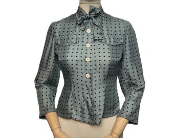 Original 1950’s Pure Silk Blouse in Grey with Black Polka Dots - As Is - Bust 32 33