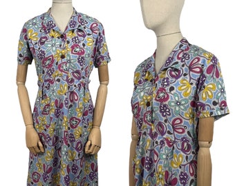 Original 1940’s 1950’s Bright Floral Cotton Summer Dress in Blue, Pink, Purple, Yellow and Turquoise - Bust 34 36