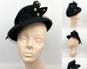 Incredible Original 1930's 1940's Black Felt Topper Hat with Net, Glass Beads and Butterfly Trim