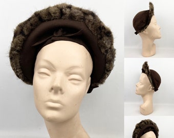 Original 1940's Brown Felt Hat with High Brim Trimmed with Genuine Fur and Smart Bows