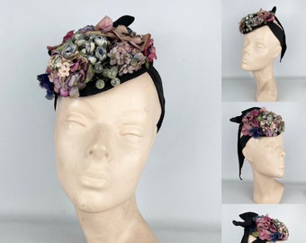 Original 1940’s Black Topper Hat with Pastel Flowers in Pink, Purple and Blue and Huge Bow Trim