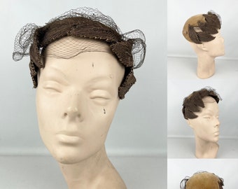 Original 1950's Brown Velvet and Net Hat with Leaf Decoration by Marshall & Snelgrove