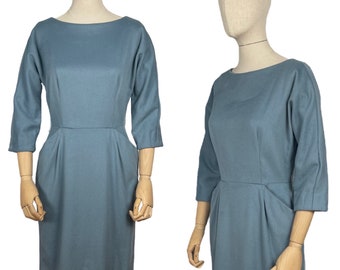 Original 1950's Blue Wool Wiggle Dress with Pockets by John Crowther - Bust 36