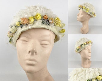 Original Late 1950's White Net Summer Hat with Orange and Yellow Flower Trim