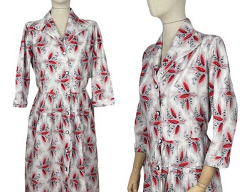 Original 1950's Black, White and Red Cotton Dress with Novelty Print of Wheat - Bust 36 38