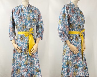 1950s Blue and Mustard Floral Cotton Dress Robe - Bust 36 38 40
