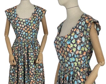 Original 1950's Classic Cotton Day Dress in Green, Blue, Orange and Grey Abstract Print - Bust 36