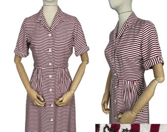 Original 1940’s CC41 Burgundy and White Floppy Cotton Day Dress with Pockets - Bust 36