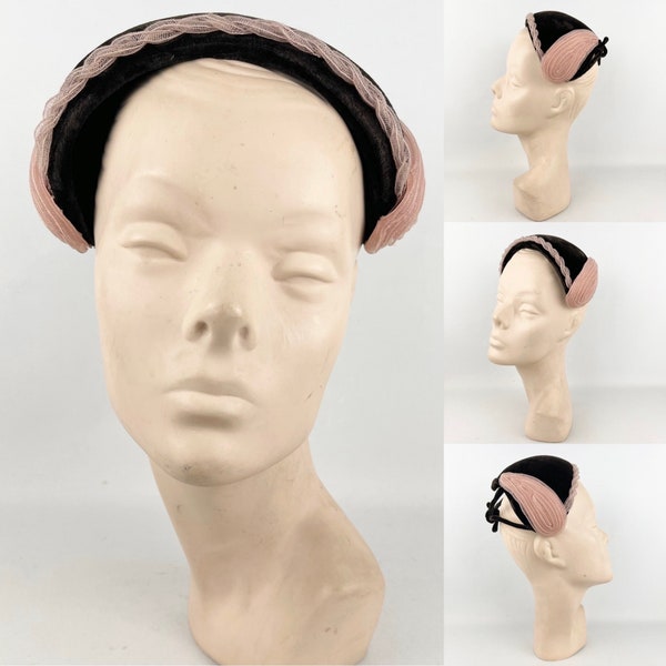 Original 1950's Chocolate Brown Velvet Hat with Baby Pink Nylon Trim