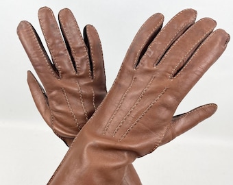 Original 1940's  Warm Brown Leather Gloves with Contrast Stitching