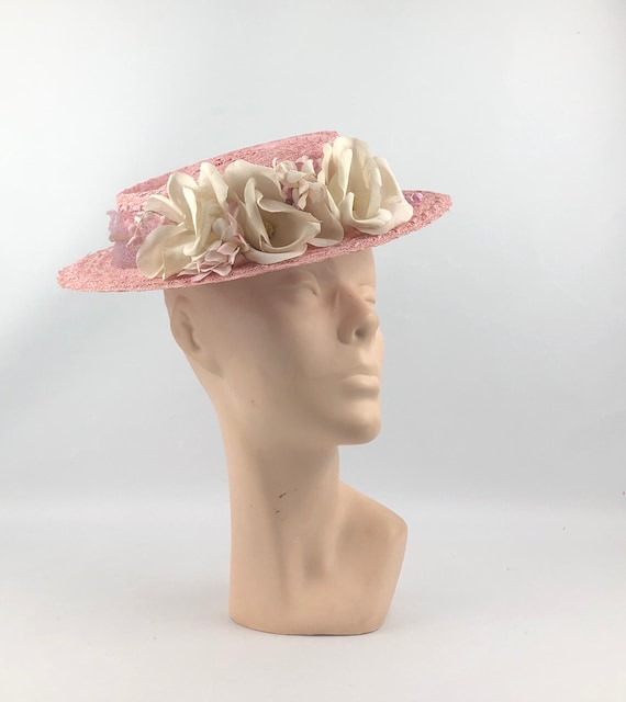 Original 1940s Pink Straw Hat with Floral Trim and
