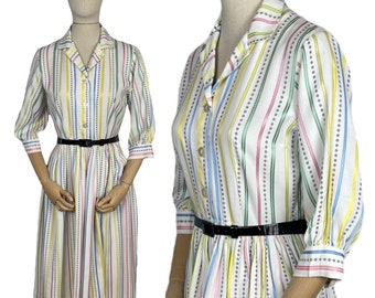 Original 1950's Fara-head Pastel Stripe Day Dress in Pink, Green, Yellow and Blue - Bust 36 37